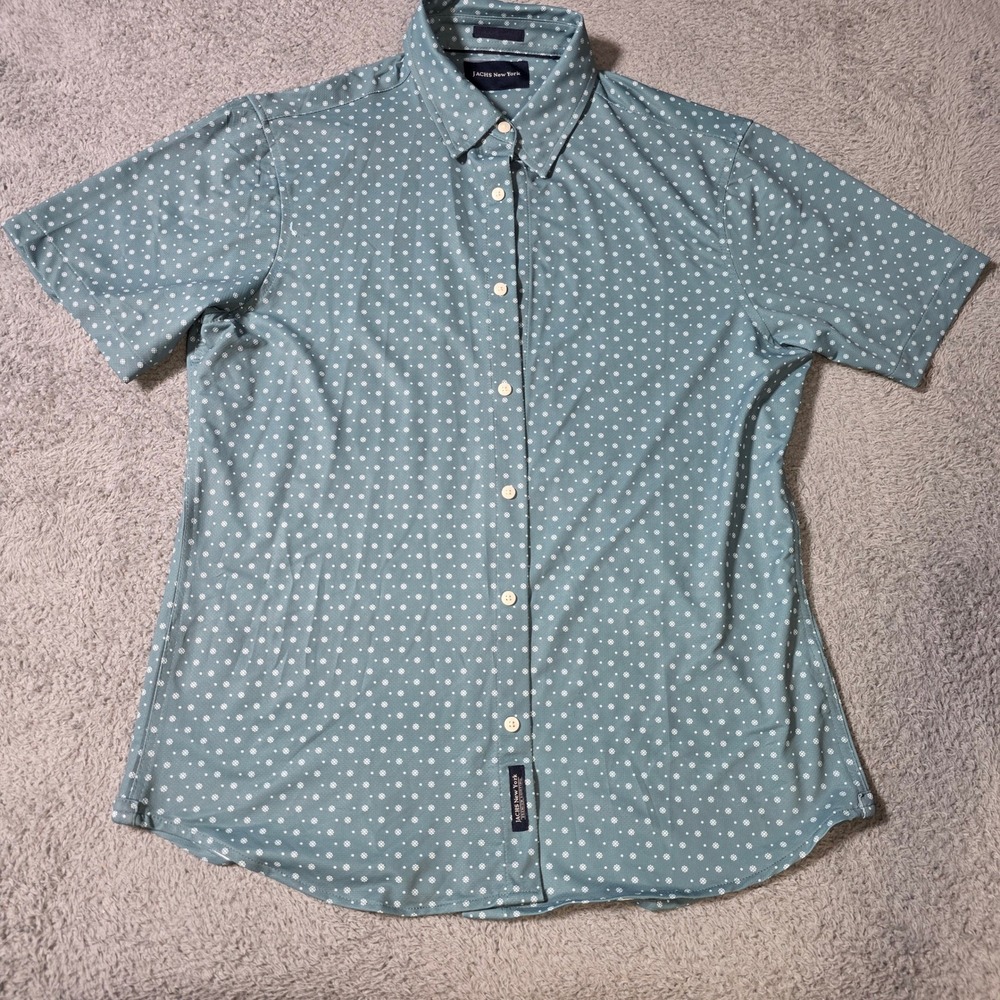JACHS New York Mens L Short Sleeve Button Down Teal Geometric Floral Stretch